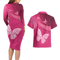 New Zealand Breast Cancer Awareness Couples Matching Long Sleeve Bodycon Dress and Hawaiian Shirt Pink Ribbon Butterfly Maori Pattern LT22 - Polynesian Pride