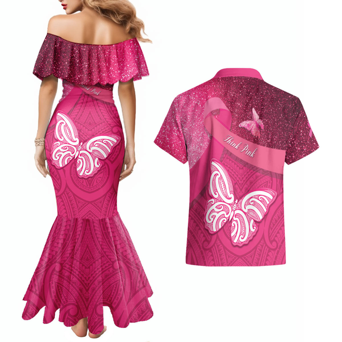 New Zealand Breast Cancer Awareness Couples Matching Mermaid Dress and Hawaiian Shirt Pink Ribbon Butterfly Maori Pattern