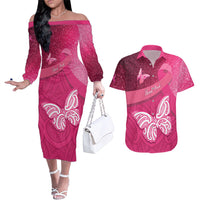 New Zealand Breast Cancer Awareness Couples Matching Off The Shoulder Long Sleeve Dress and Hawaiian Shirt Pink Ribbon Butterfly Maori Pattern
