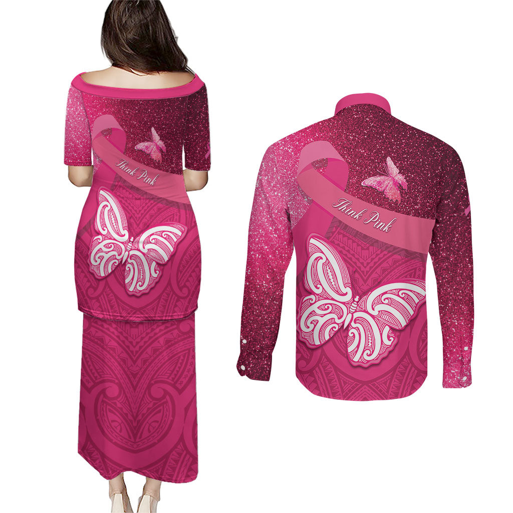 New Zealand Breast Cancer Awareness Couples Matching Puletasi and Long Sleeve Button Shirt Pink Ribbon Butterfly Maori Pattern