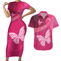 New Zealand Breast Cancer Awareness Couples Matching Short Sleeve Bodycon Dress and Hawaiian Shirt Pink Ribbon Butterfly Maori Pattern LT22 Pink - Polynesian Pride