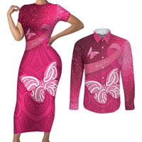 New Zealand Breast Cancer Awareness Couples Matching Short Sleeve Bodycon Dress and Long Sleeve Button Shirt Pink Ribbon Butterfly Maori Pattern