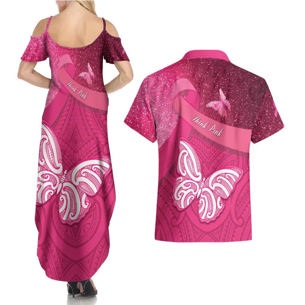 New Zealand Breast Cancer Awareness Couples Matching Summer Maxi Dress and Hawaiian Shirt Pink Ribbon Butterfly Maori Pattern