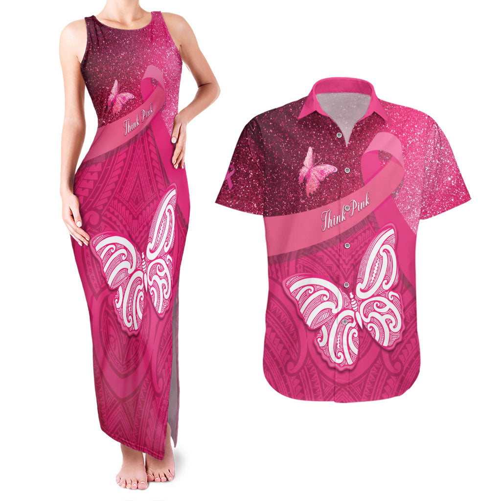 New Zealand Breast Cancer Awareness Couples Matching Tank Maxi Dress and Hawaiian Shirt Pink Ribbon Butterfly Maori Pattern