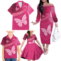 New Zealand Breast Cancer Awareness Family Matching Off The Shoulder Long Sleeve Dress and Hawaiian Shirt Pink Ribbon Butterfly Maori Pattern