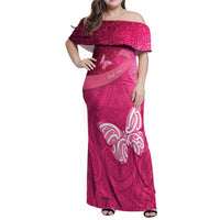 New Zealand Breast Cancer Awareness Family Matching Off Shoulder Maxi Dress and Hawaiian Shirt Pink Ribbon Butterfly Maori Pattern