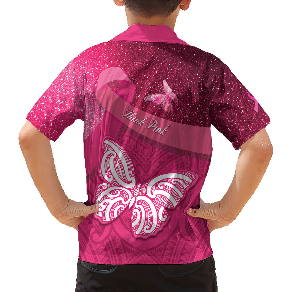 New Zealand Breast Cancer Awareness Family Matching Off Shoulder Short Dress and Hawaiian Shirt Pink Ribbon Butterfly Maori Pattern LT22 - Polynesian Pride