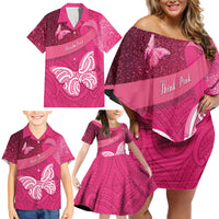 New Zealand Breast Cancer Awareness Family Matching Off Shoulder Short Dress and Hawaiian Shirt Pink Ribbon Butterfly Maori Pattern LT22 - Polynesian Pride