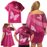 New Zealand Breast Cancer Awareness Family Matching Off Shoulder Short Dress and Hawaiian Shirt Pink Ribbon Butterfly Maori Pattern LT22 - Polynesian Pride