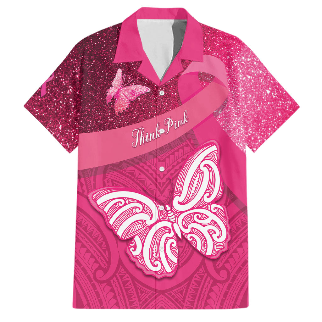 New Zealand Breast Cancer Awareness Family Matching Off Shoulder Short Dress and Hawaiian Shirt Pink Ribbon Butterfly Maori Pattern LT22 Dad's Shirt - Short Sleeve Pink - Polynesian Pride