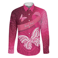 New Zealand Breast Cancer Awareness Family Matching Off Shoulder Short Dress and Hawaiian Shirt Pink Ribbon Butterfly Maori Pattern LT22 Dad's Shirt - Long Sleeve Pink - Polynesian Pride