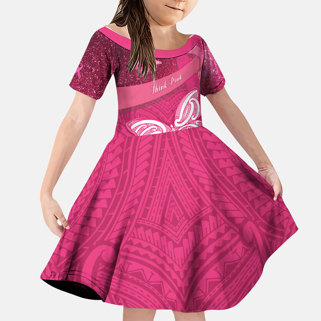 New Zealand Breast Cancer Awareness Family Matching Tank Maxi Dress and Hawaiian Shirt Pink Ribbon Butterfly Maori Pattern LT22 Daughter's Dress Pink - Polynesian Pride