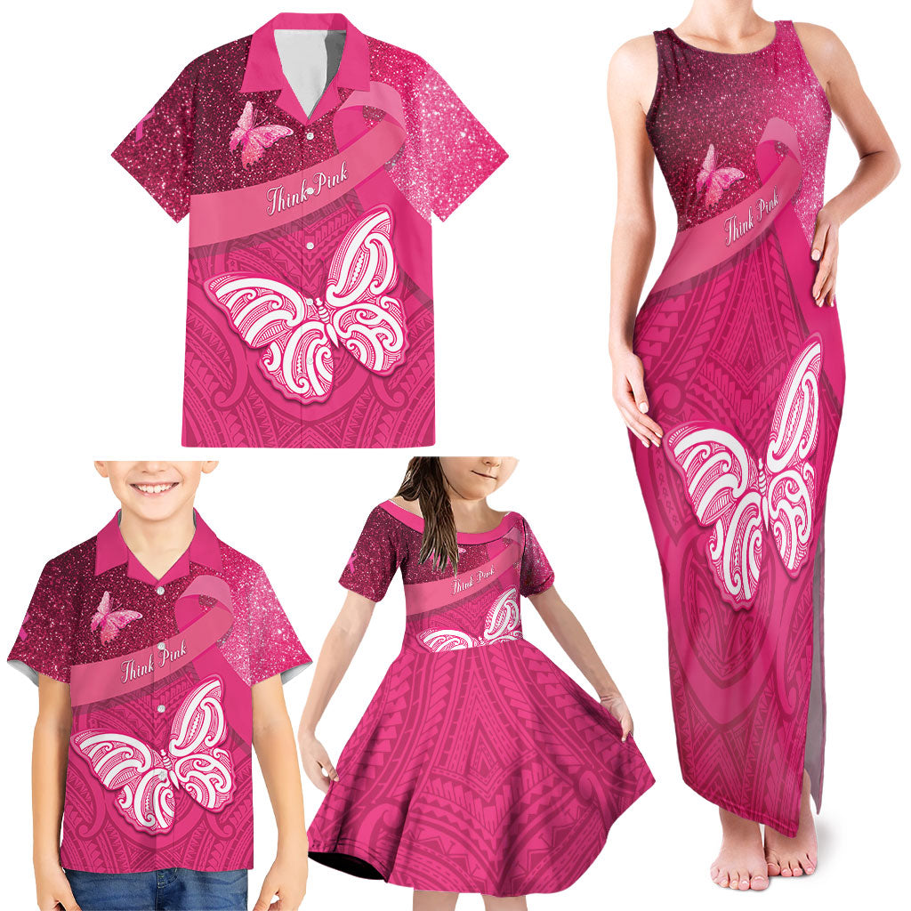 New Zealand Breast Cancer Awareness Family Matching Tank Maxi Dress and Hawaiian Shirt Pink Ribbon Butterfly Maori Pattern LT22 - Polynesian Pride