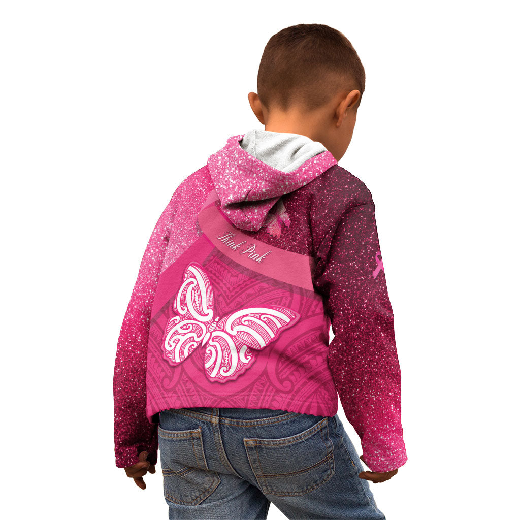 New Zealand Breast Cancer Awareness Kid Hoodie Pink Ribbon Butterfly Maori Pattern