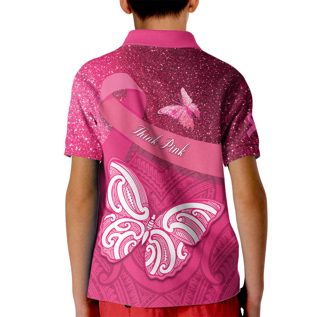 New Zealand Breast Cancer Awareness Kid Polo Shirt Pink Ribbon Butterfly Maori Pattern