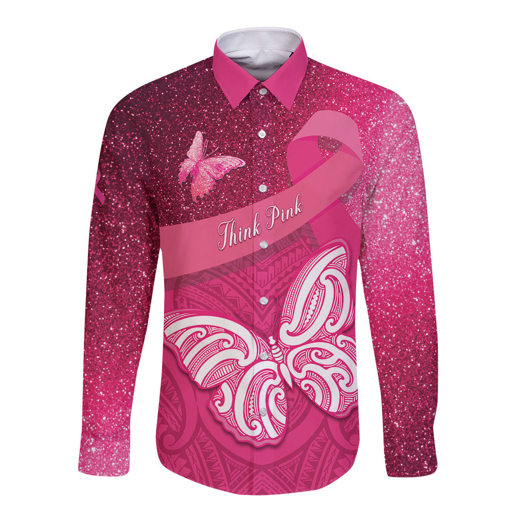 New Zealand Breast Cancer Awareness Long Sleeve Button Shirt Pink Ribbon Butterfly Maori Pattern LT22 Unisex Pink - Polynesian Pride