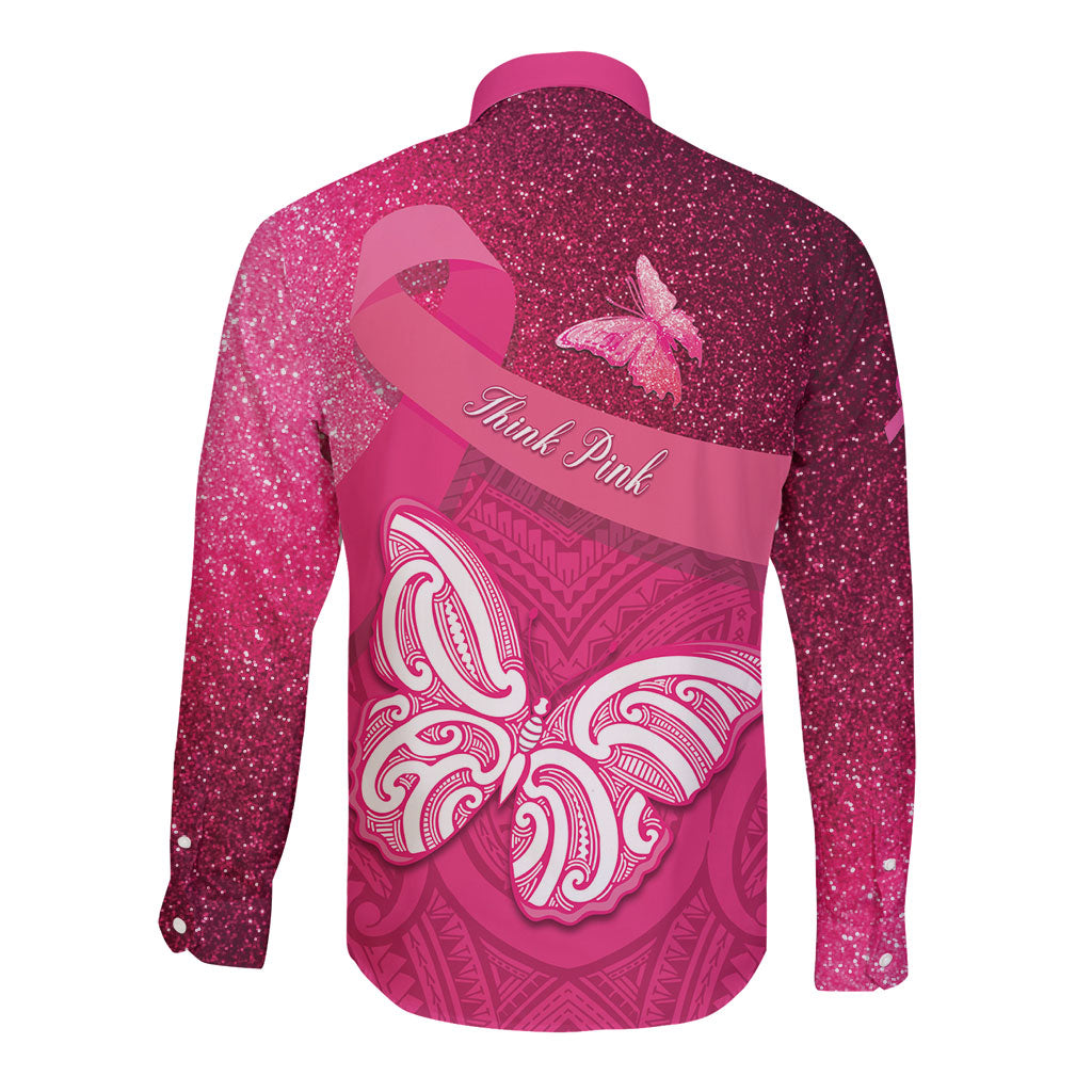 New Zealand Breast Cancer Awareness Long Sleeve Button Shirt Pink Ribbon Butterfly Maori Pattern LT22 - Polynesian Pride