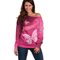 New Zealand Breast Cancer Awareness Off Shoulder Sweater Pink Ribbon Butterfly Maori Pattern LT22 Women Pink - Polynesian Pride