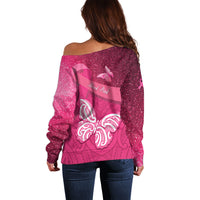 New Zealand Breast Cancer Awareness Off Shoulder Sweater Pink Ribbon Butterfly Maori Pattern LT22 - Polynesian Pride