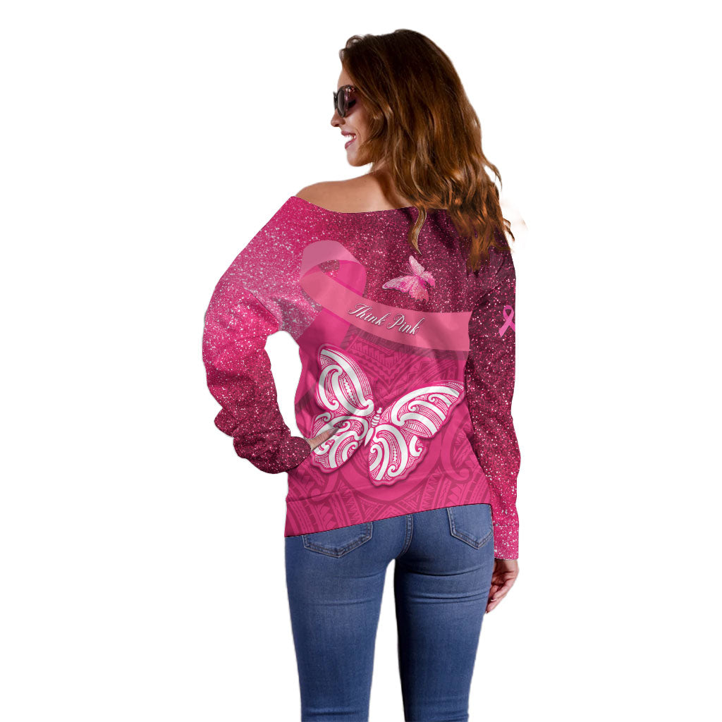 New Zealand Breast Cancer Awareness Off Shoulder Sweater Pink Ribbon Butterfly Maori Pattern LT22 - Polynesian Pride