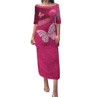 New Zealand Breast Cancer Awareness Puletasi Pink Ribbon Butterfly Maori Pattern LT22 Long Dress Pink - Polynesian Pride