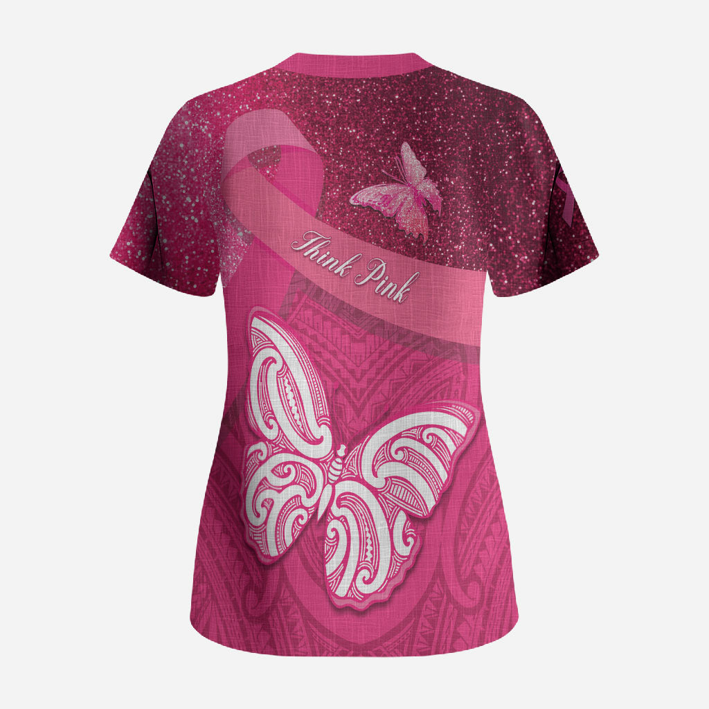 New Zealand Breast Cancer Awareness Scrub Top Pink Ribbon Butterfly Maori Pattern LT22 - Polynesian Pride