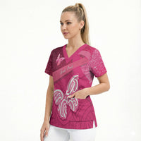 New Zealand Breast Cancer Awareness Scrub Top Pink Ribbon Butterfly Maori Pattern LT22 - Polynesian Pride