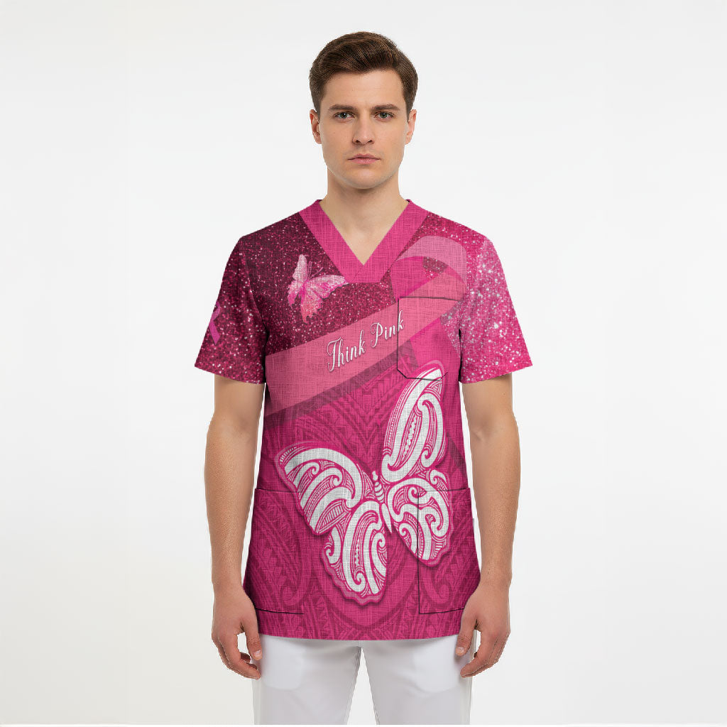 New Zealand Breast Cancer Awareness Scrub Top Pink Ribbon Butterfly Maori Pattern LT22 - Polynesian Pride