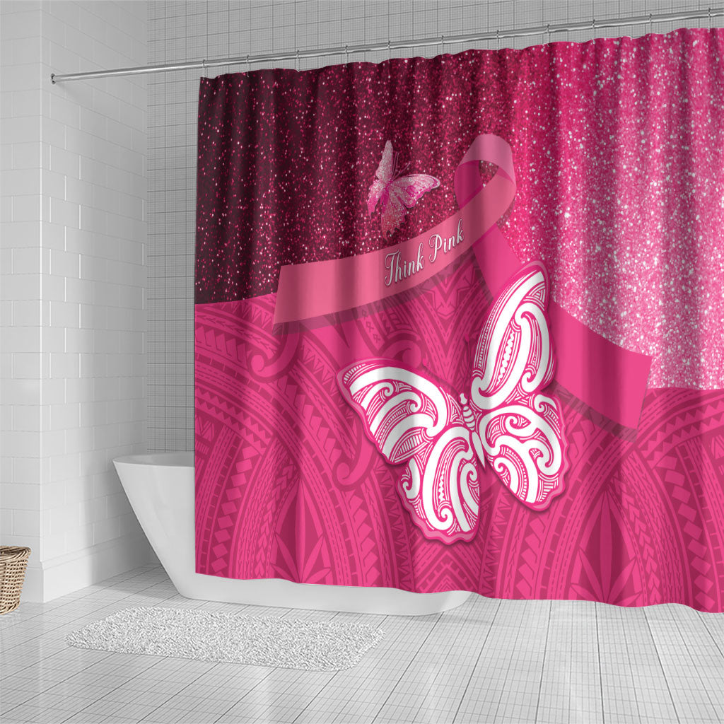 New Zealand Breast Cancer Awareness Shower Curtain Pink Ribbon Butterfly Maori Pattern LT22 - Polynesian Pride