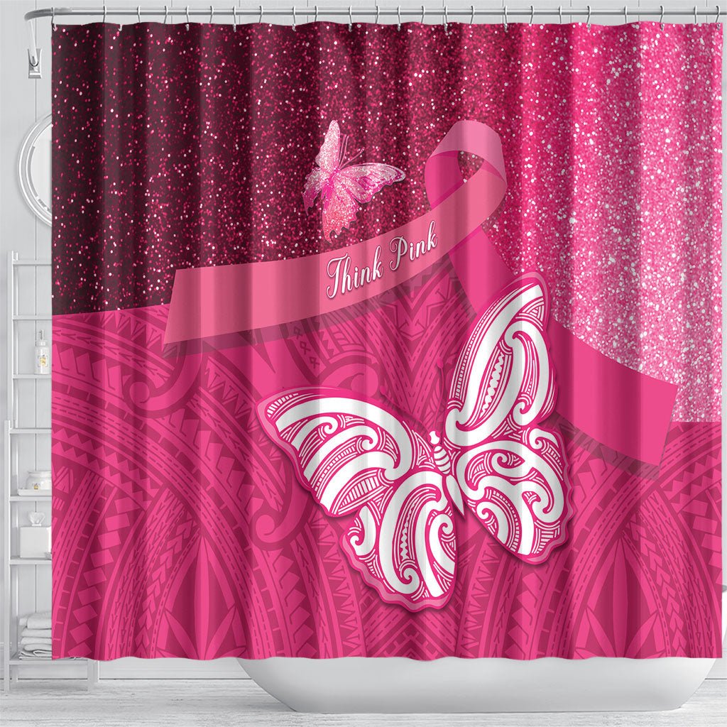 New Zealand Breast Cancer Awareness Shower Curtain Pink Ribbon Butterfly Maori Pattern LT22 - Polynesian Pride
