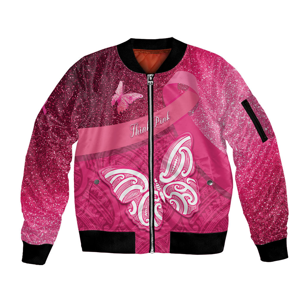 New Zealand Breast Cancer Awareness Sleeve Zip Bomber Jacket Pink Ribbon Butterfly Maori Pattern LT22 Unisex Pink - Polynesian Pride