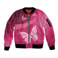 New Zealand Breast Cancer Awareness Sleeve Zip Bomber Jacket Pink Ribbon Butterfly Maori Pattern LT22 Unisex Pink - Polynesian Pride