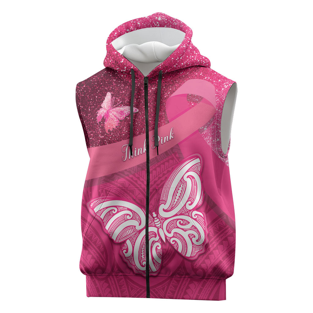 New Zealand Breast Cancer Awareness Sleeveless Zip Hoodie Pink Ribbon Butterfly Maori Pattern