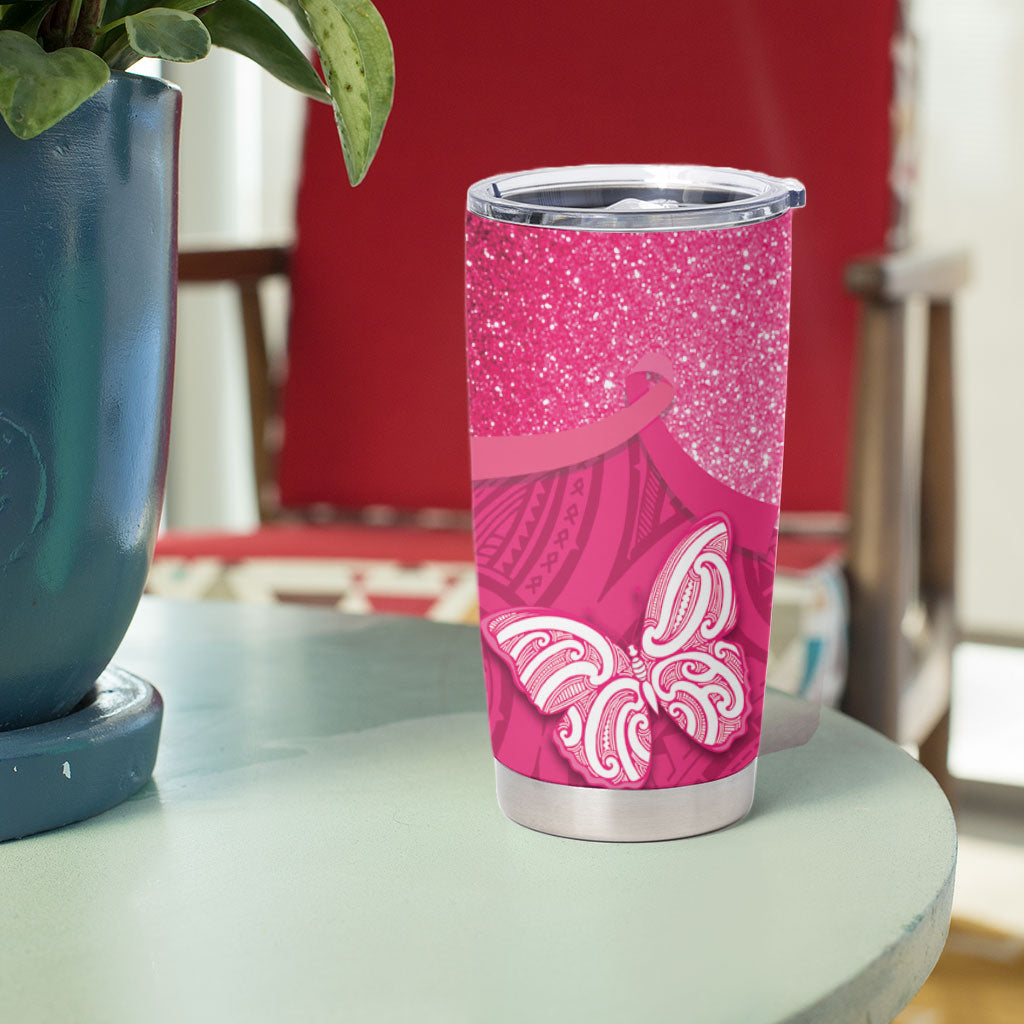 New Zealand Breast Cancer Awareness Tumbler Cup Pink Ribbon Butterfly Maori Pattern
