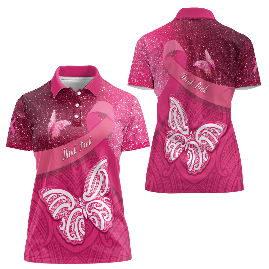 New Zealand Breast Cancer Awareness Women Polo Shirt Pink Ribbon Butterfly Maori Pattern