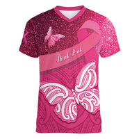 New Zealand Breast Cancer Awareness Women V-Neck T-Shirt Pink Ribbon Butterfly Maori Pattern