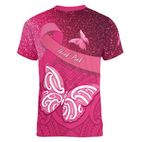 New Zealand Breast Cancer Awareness Women V-Neck T-Shirt Pink Ribbon Butterfly Maori Pattern