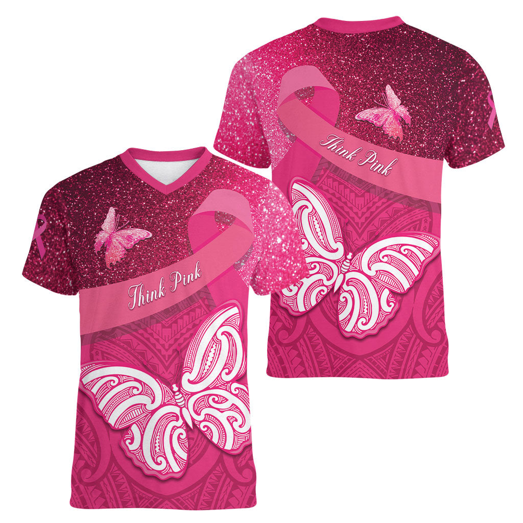New Zealand Breast Cancer Awareness Women V-Neck T-Shirt Pink Ribbon Butterfly Maori Pattern