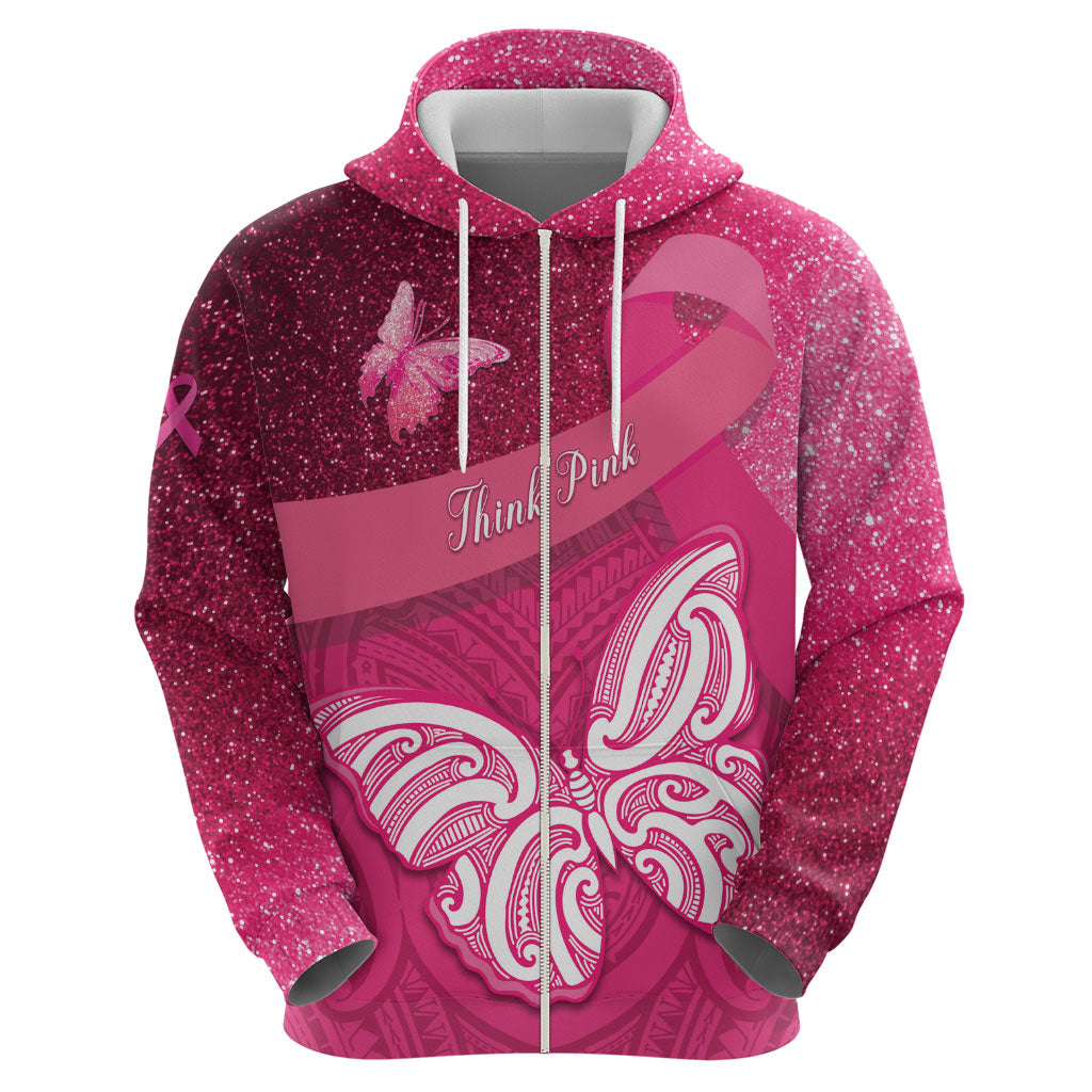 New Zealand Breast Cancer Awareness Zip Hoodie Pink Ribbon Butterfly Maori Pattern