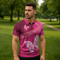 New Zealand Breast Cancer Awareness Zipper Polo Shirt Pink Ribbon Butterfly Maori Pattern