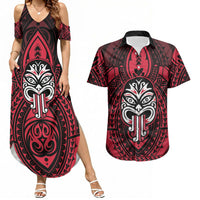New Zealand Maori Language Week Couples Matching Summer Maxi Dress and Hawaiian Shirt Te Wiki O Te Reo Maori Hei Tiki LT22 Red - Polynesian Pride