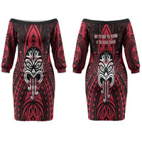 New Zealand Maori Language Week Family Matching Off The Shoulder Long Sleeve Dress and Hawaiian Shirt Te Wiki O Te Reo Maori Hei Tiki LT22 Mom's Dress Red - Polynesian Pride