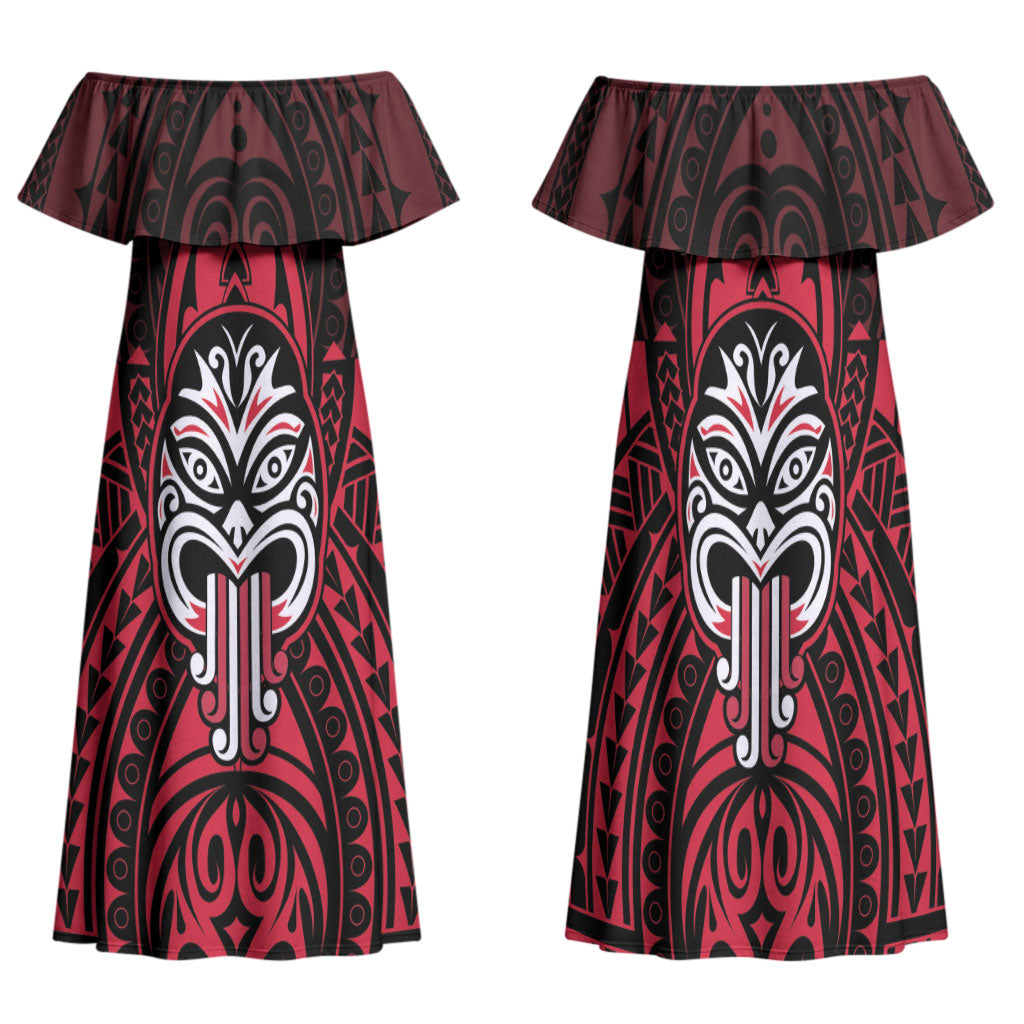 New Zealand Maori Language Week Family Matching Off Shoulder Maxi Dress and Hawaiian Shirt Te Wiki O Te Reo Maori Hei Tiki LT22 Mom's Dress Red - Polynesian Pride