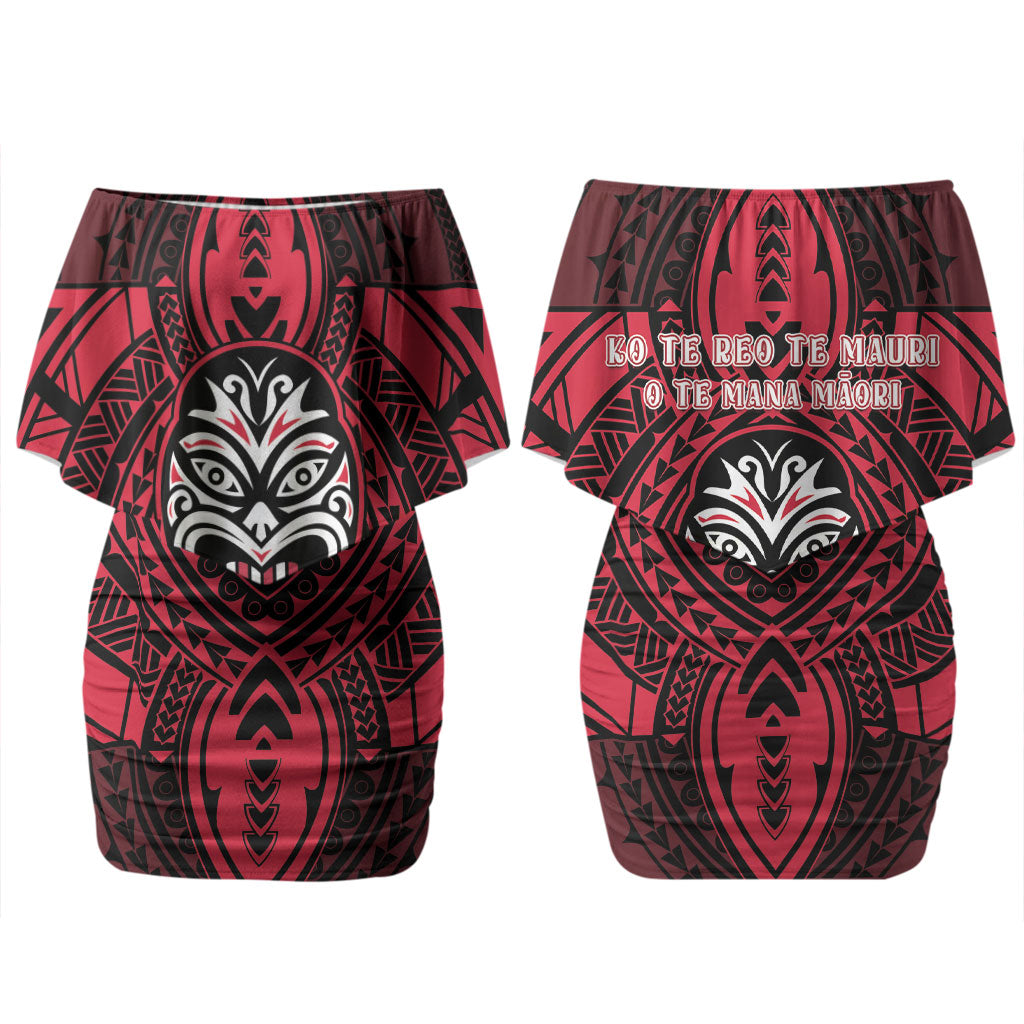 New Zealand Maori Language Week Family Matching Off Shoulder Short Dress and Hawaiian Shirt Te Wiki O Te Reo Maori Hei Tiki LT22 Mom's Dress Red - Polynesian Pride