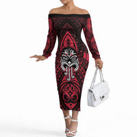 New Zealand Maori Language Week Off The Shoulder Long Sleeve Dress Te Wiki O Te Reo Maori Hei Tiki LT22 Women Red - Polynesian Pride