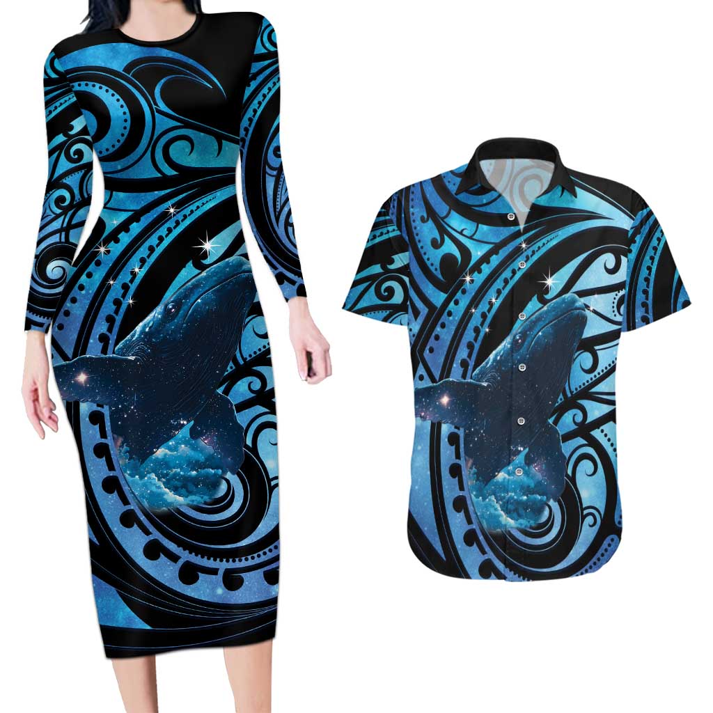 New Zealand Matariki Couples Matching Long Sleeve Bodycon Dress and Hawaiian Shirt Maori Humpback Whale Galaxy