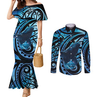 New Zealand Matariki Couples Matching Mermaid Dress and Long Sleeve Button Shirt Maori Humpback Whale Galaxy