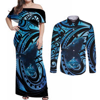 New Zealand Matariki Couples Matching Off Shoulder Maxi Dress and Long Sleeve Button Shirt Maori Humpback Whale Galaxy