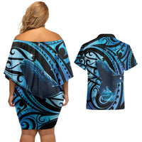 New Zealand Matariki Couples Matching Off Shoulder Short Dress and Hawaiian Shirt Maori Humpback Whale Galaxy
