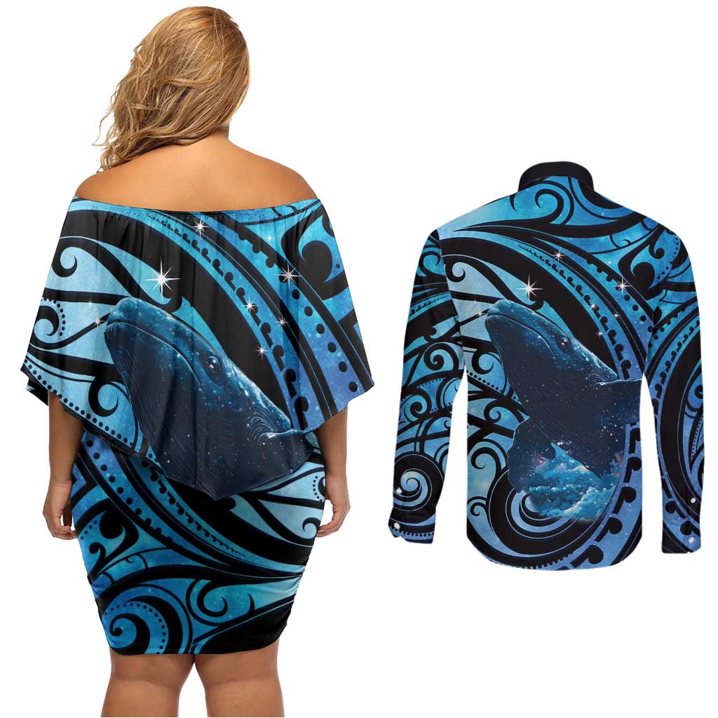 New Zealand Matariki Couples Matching Off Shoulder Short Dress and Long Sleeve Button Shirt Maori Humpback Whale Galaxy